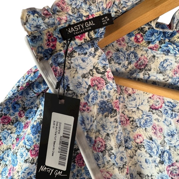 Nasty Gal Floral‎ Puff Sleeve Ruffle Hem Mini Dress Blue Pink Women's 6 NWT - Picture 4 of 11